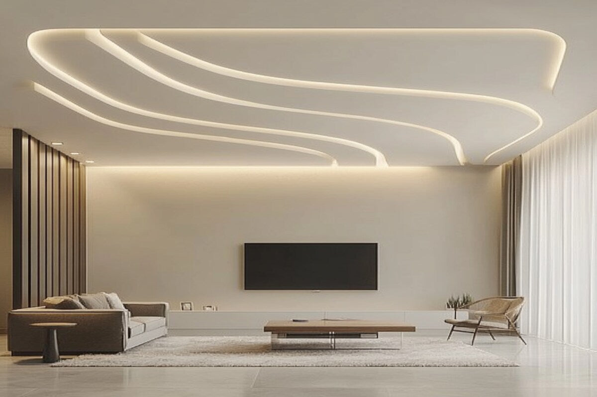 Sleek and elegant living with soft led light and GFRG custom shape ceiling