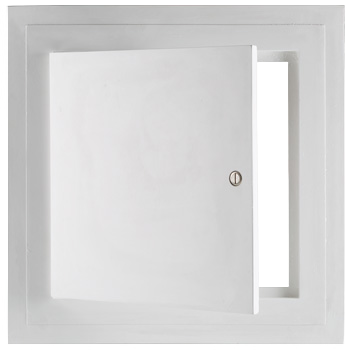 Hinged access panel with slotted or keyed cam latch in a modern construction setting